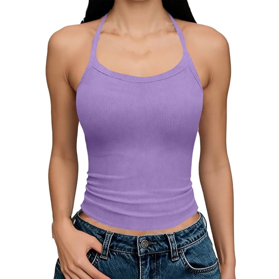 Womens Tank Tops 2026 Summer Halter Top Camisole Vests Ribbed Knit Plain Tank Tops Sleeveless T Shirts Slim Fit Stretch Spaghetti Blouse Soft Casual Basic Cami Undershirt Loungewear
