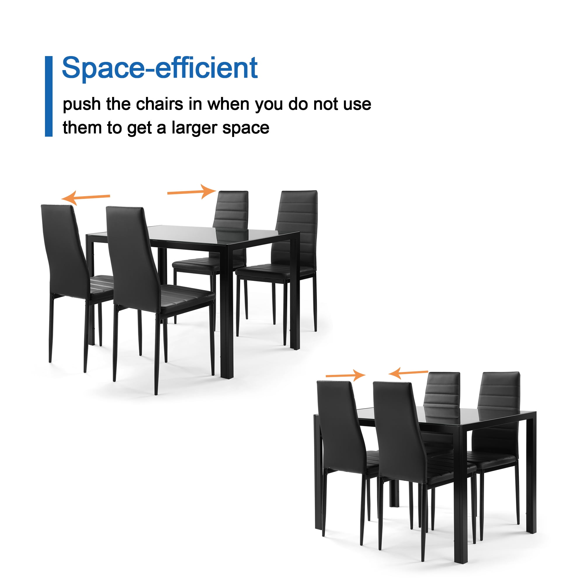 uhomepro 5 Piece Dining Table and Chair Set, Kitchen Table with 4 Chairs, Tempered Glass Table and Softly Seat, for Dining Room, Living Room, Black