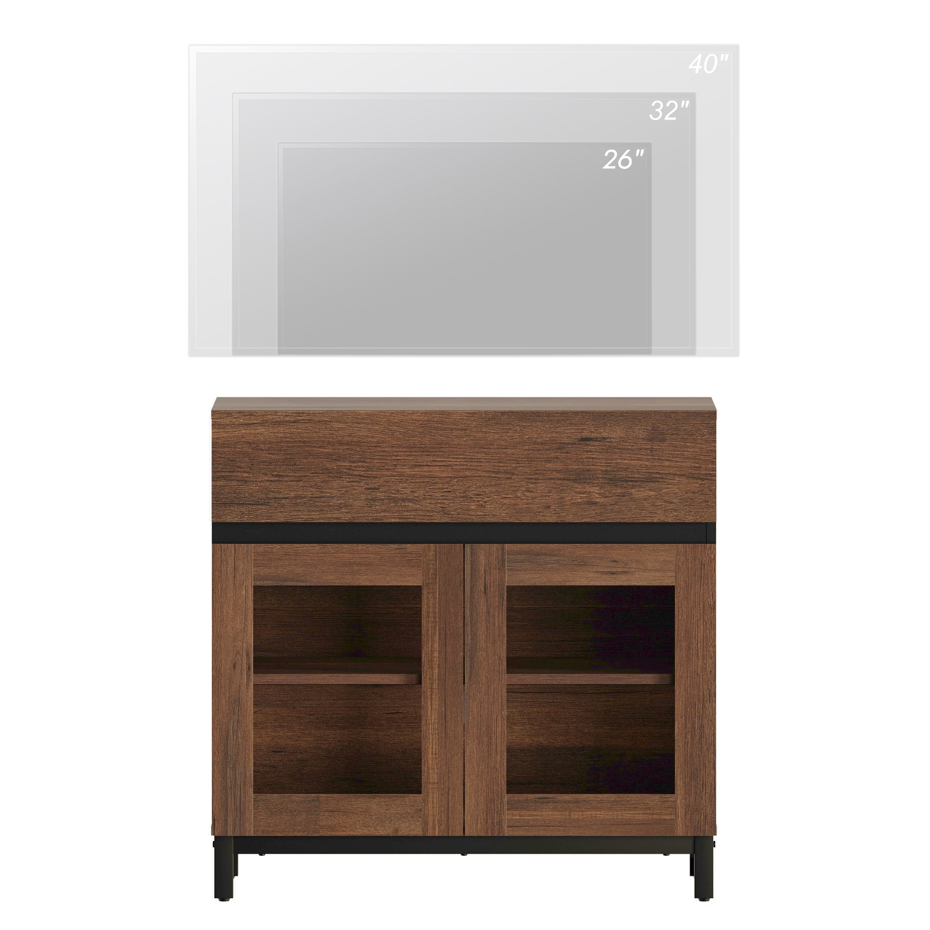Modern TV Stand with Glass Door & 1 Drawer, Metal Base Entertainment Console for 32-40 Inch TVs, Media Console for Living Room & Bedroom,Brown