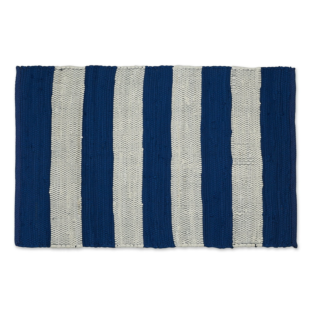 2' x 3' Navy Blue and Cotton White Stripe Rag Rug