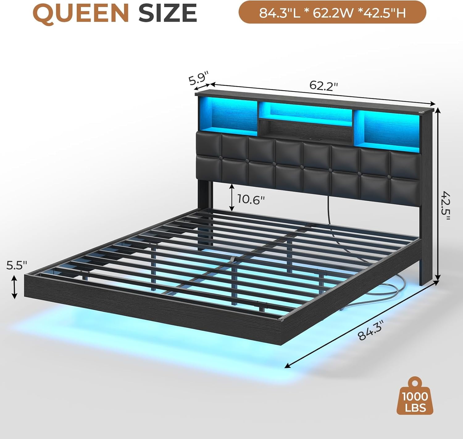 Floating Bed Frame Queen Size with Headboard and Storage, Upholstered Queen Platform Bed Frame with USB & Type C Charging Station and LED Lights, Hidden Storage, No Box Spring Needed, Black