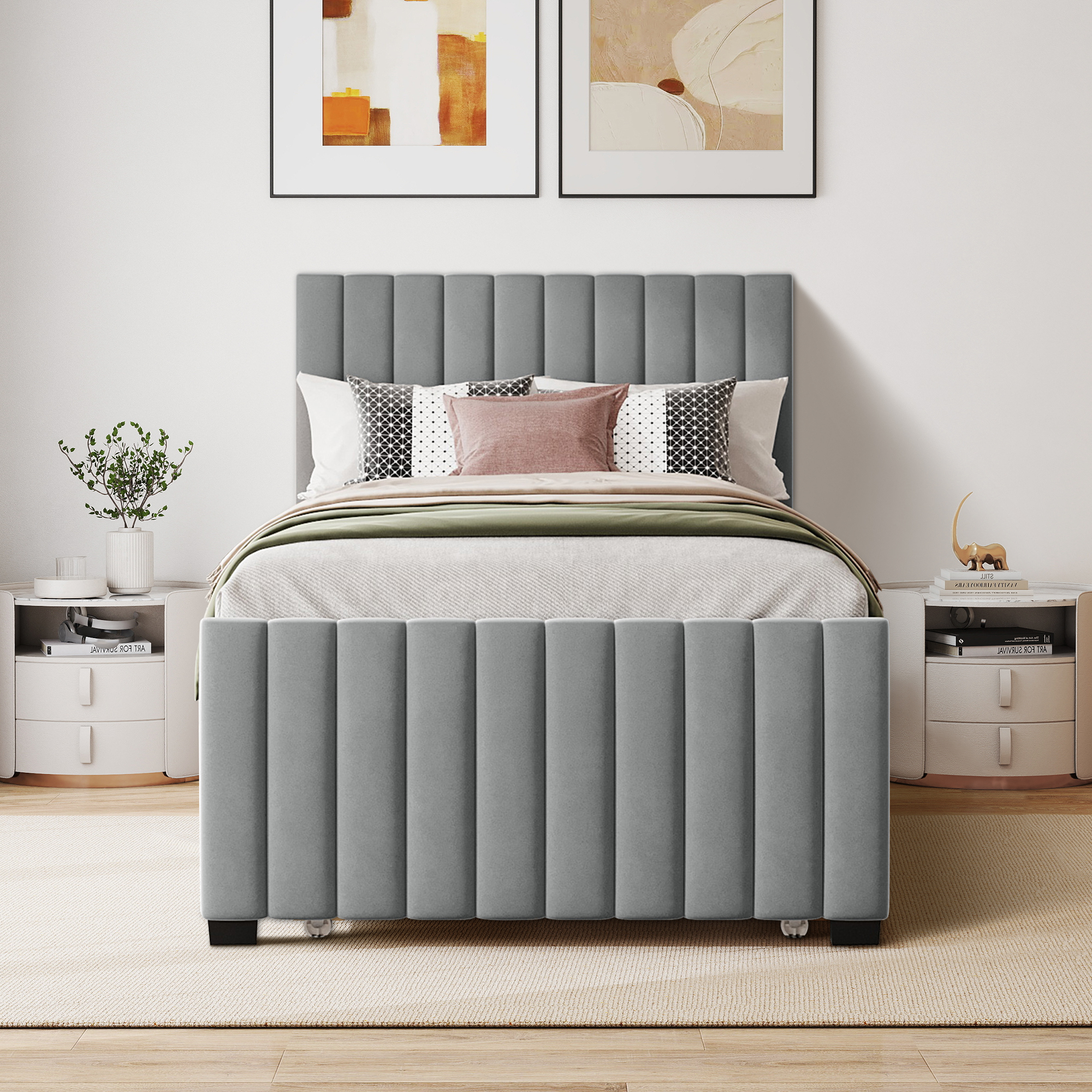 Aukfa Twin Size Upholstered Platform Bed Frame with Twin Size Trundle for Bedroom,Guestroom, Gray