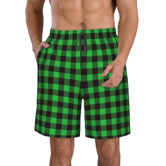Balery Buffalo Plaid Green Black Traje de Baño Estilo Hawaiano para Hombre, Shorts de Secado Rápido con Bolsillos-Large