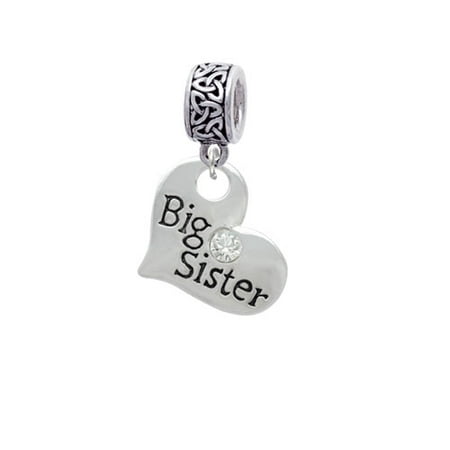 Silvertone Large ''Big Sister'' Heart with Clear Crystal - Celtic Knot Charm Bead