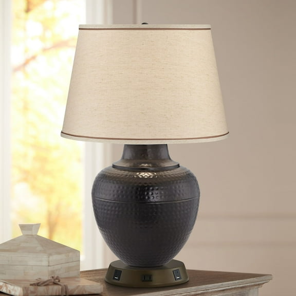 Barnes and Ivy Rustic Farmhouse Table Lamp 27 1/4" Tall with USB and AC Power Outlet in Base Bronze Hammered Beige Drum Shade for Bedroom Living Room