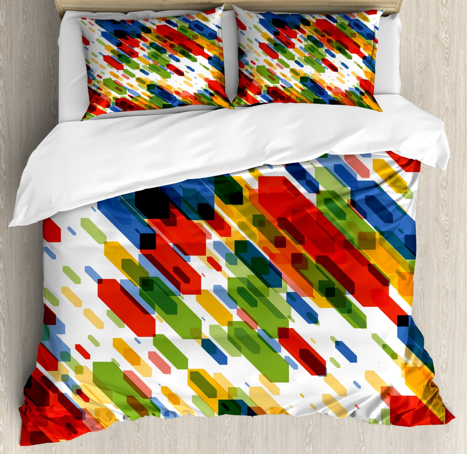 Art Duvet Cover Set, Diagonal Geometric Shapes Abstract Colorful Modern