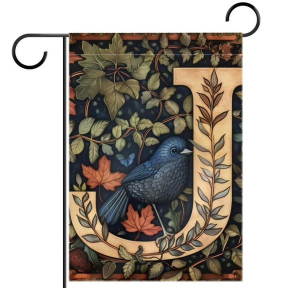 Letter J with Birds Leaves Retro Pattern Decorative Garden Flag for All Seasons, 12 x 18 Inch Small Vertical Double Sided Outside Decoration for Yard Farmhouse