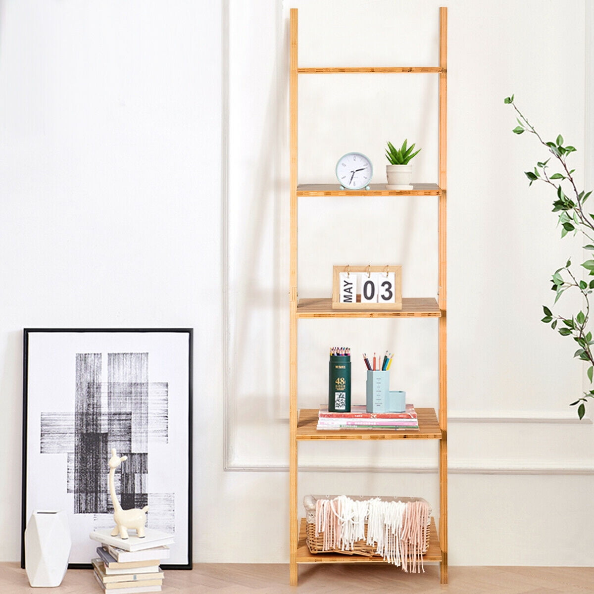 Gymax 5-Tier Ladder Shelf Modern Ladder Bookcase Open Display Bamboo Leaning Bookshelf