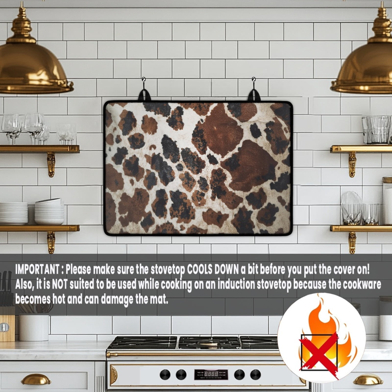 Renewold Glass Top Stove Cover Electric Stove Mat Foldable Non-slip Cooktop Mat Multipurpose Washer Dryer Top Protector Range Cover for Kitchen Counter, Brown Black Cow Print