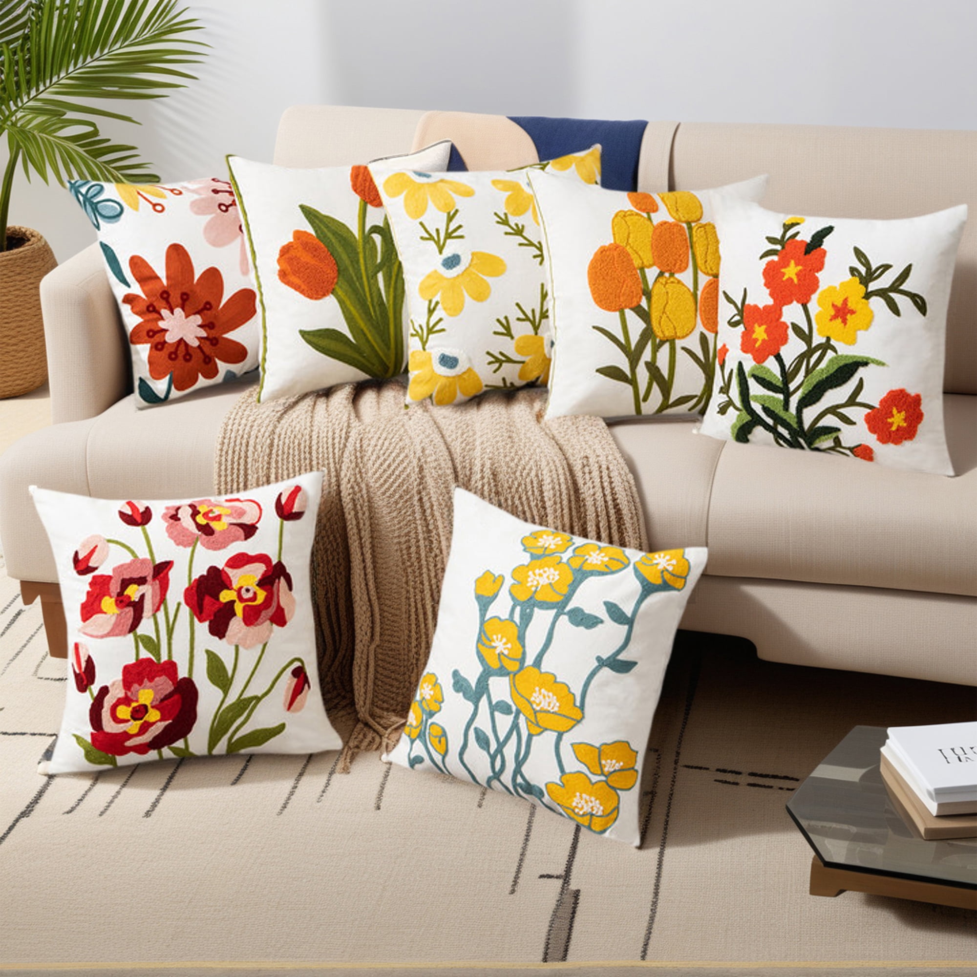 REGALWOVEN Floral Embroidered Decorative Throw Pillow Covers Set of 2, Farmhouse Flower Pattern Flower-8 18" x 18"