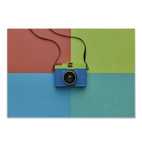Pastel Cutting Board, Retro Style Fashion Film Camera on Colorful Backdrop Hipster Pop Urban Accessories, Decorative Tempered Glass Cutting and Serving Board, Small Size, Multicolor, by Ambesonne