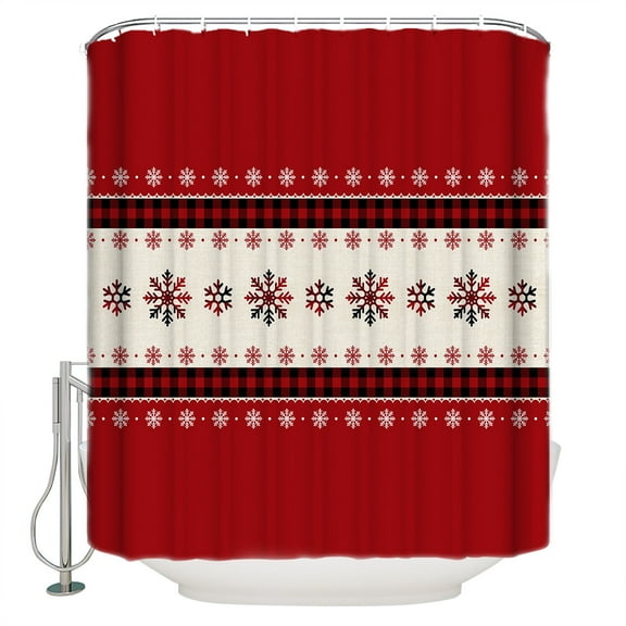 Christmas Snowflake Shower Curtain, 36" x 72", Red and Black Buffalo Plaid Waterproof Bathroom Curtain Washable Shower Curtain Set with 12 Hooks