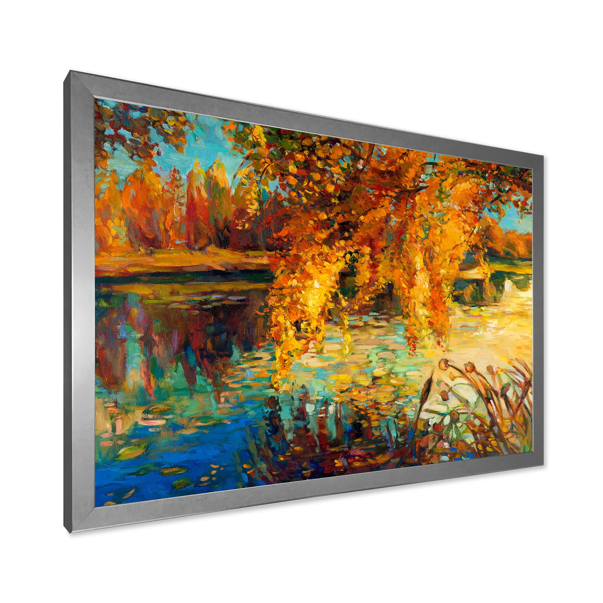 Designart 'Orange Autumn Forest Reflects On River' Lake House Framed Art Print