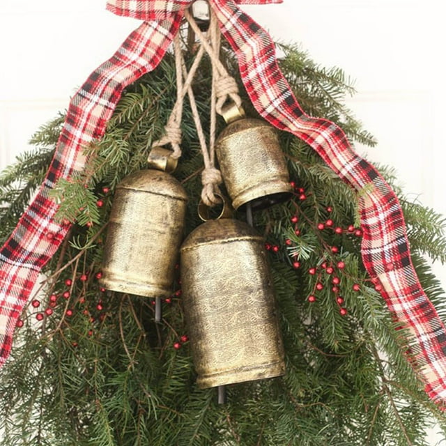 Fiudx Cencerro de Latón Vintage, Decoración Colgante Estilo Shabby, Artesanía Rústica de Hierro, Adorno Festivo para La Pared Del Hogar, Perfecto para Navidad y Alegría Festiva, 3 Tamaños Diferentes,