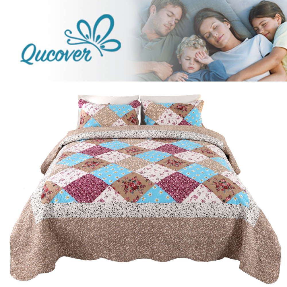 3 Piece Microfiber Quilts Checkered Floral Reversible Bedspreads