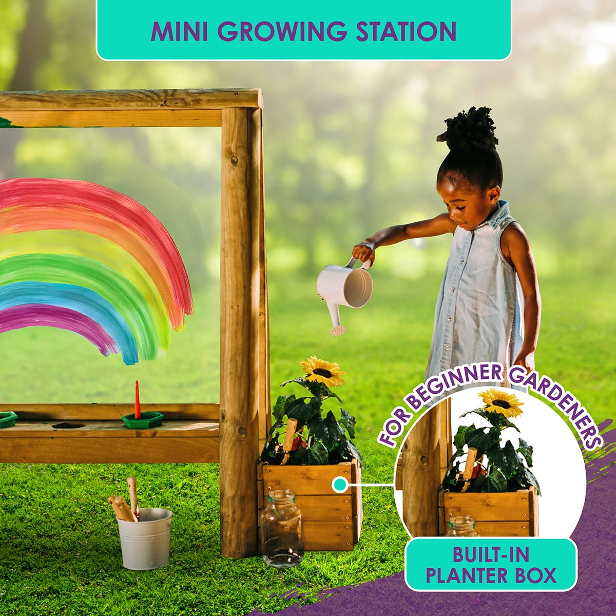 Plum Discovery Art Easel for Kids- Outdoor Wooden Painting Easels with Paint Brush and Accessories, Learning Toys for Toddlers, Wood Planter Box, Durable, Weatherproof, Ages 3+ Years Up