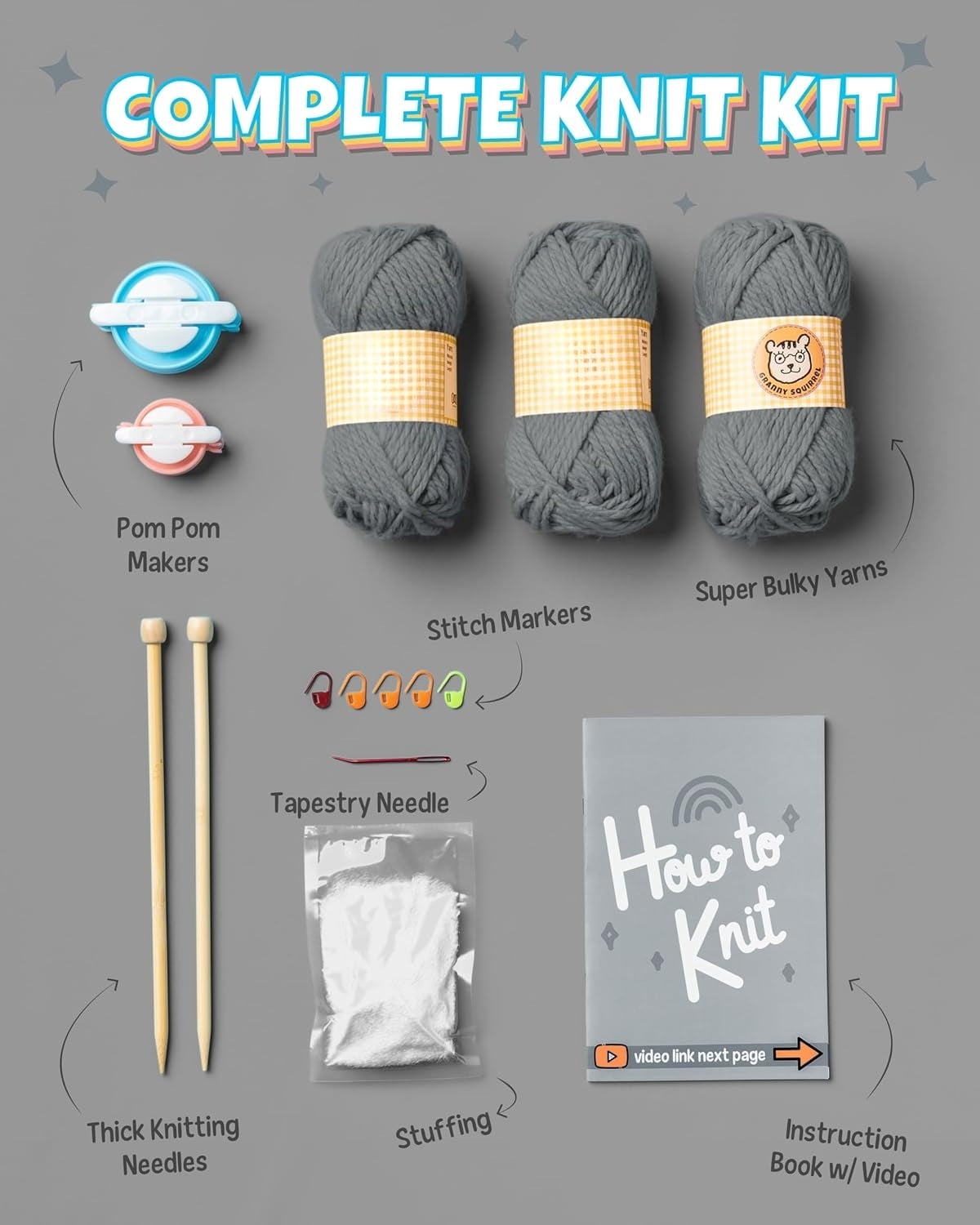 Complete Knitting Kit for Beginners - Includes Thick Yarn, Bamboo Needles, Video Tutorials & Guide to Learn How to Knit