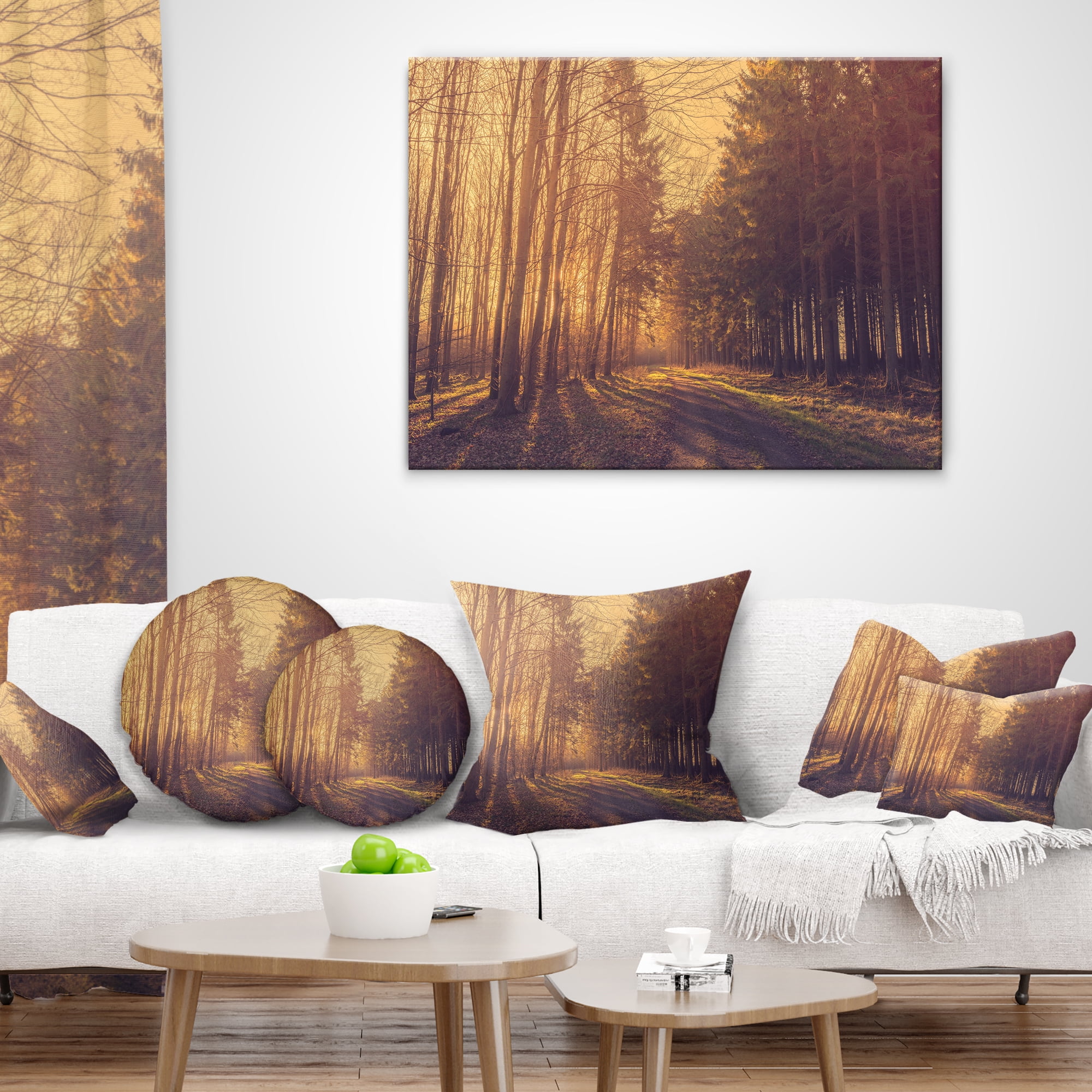 Designart Pine Tree Forest by Road - Landscape Photo Throw Pillow - 12x20