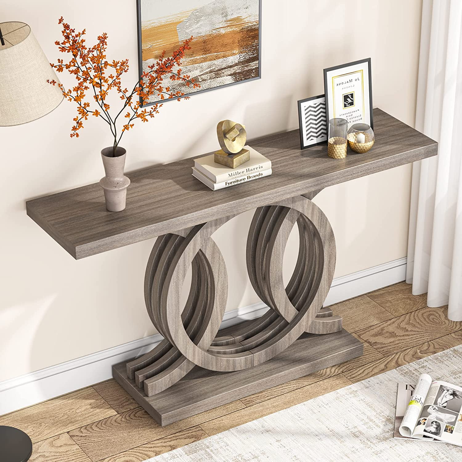 Tribesigns 55" Console Table with Geometric Base, Wooden Entryway hallway Table, Vintage Sofa Table for living Room, Gray