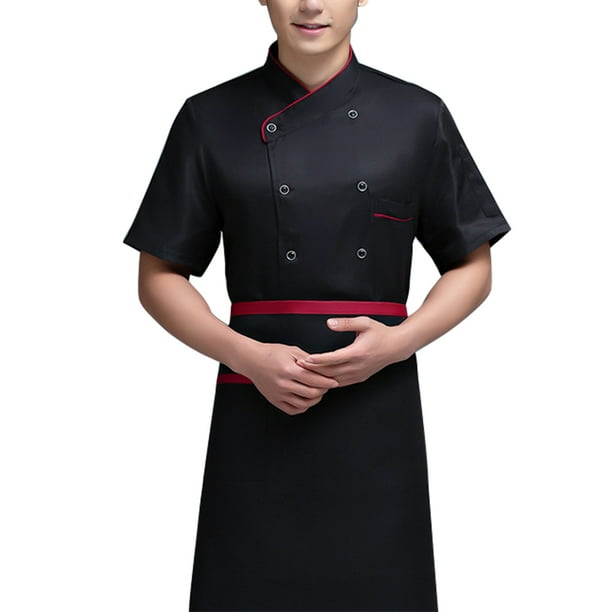 Uniforme de chef Delantal de cocina de manga corta Trajes de doble botonadura Camisas de costura cómodas para hombres Estilo simple para barra de café Negro 3XL Noticed LF000329-05