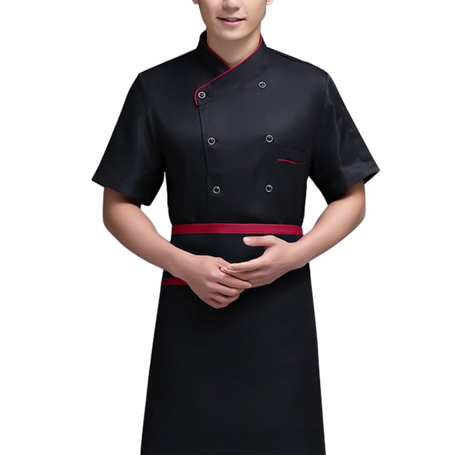 Uniforme de chef Delantal de cocina de manga corta Trajes de doble botonadura Camisas de costura cómodas para hombres Estilo simple para barra de café Negro 4XL Scienceny LF000329-06