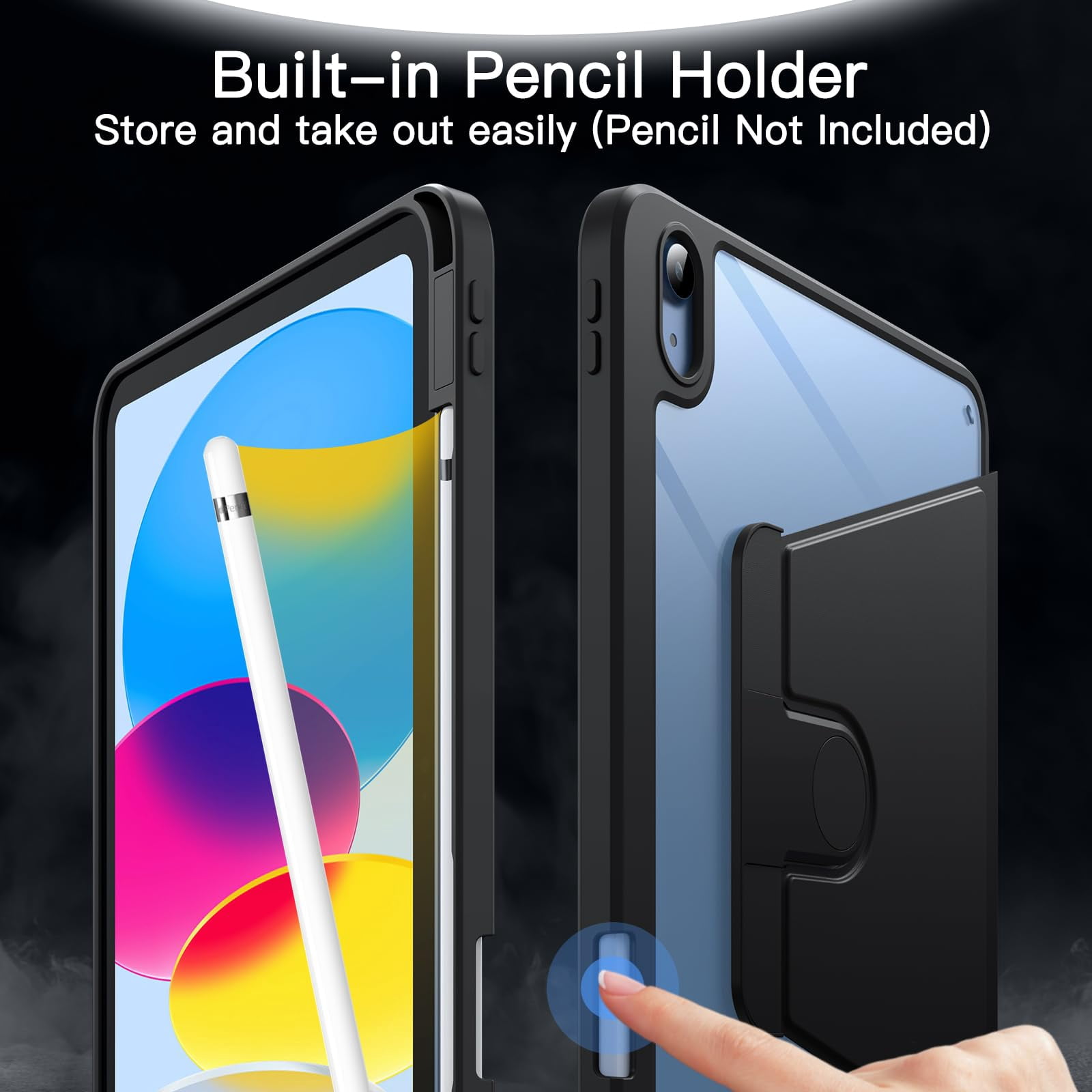 JETech Rotating Case for iPad (A16) 11th/10th Generation (2025/2022) with Pencil Holder, 360 Degree Rotation Protective Stand Cover Clear Back, Auto Wake/Sleep (Black)