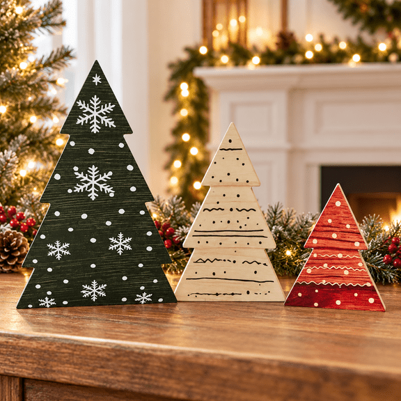 Wooden Christmas Tree Tabletop Decor, 3 Piece Christmas Decorations Set, Rustic Wood Tree Figurines for Mantel Shelf Table Home Office Holiday Decor