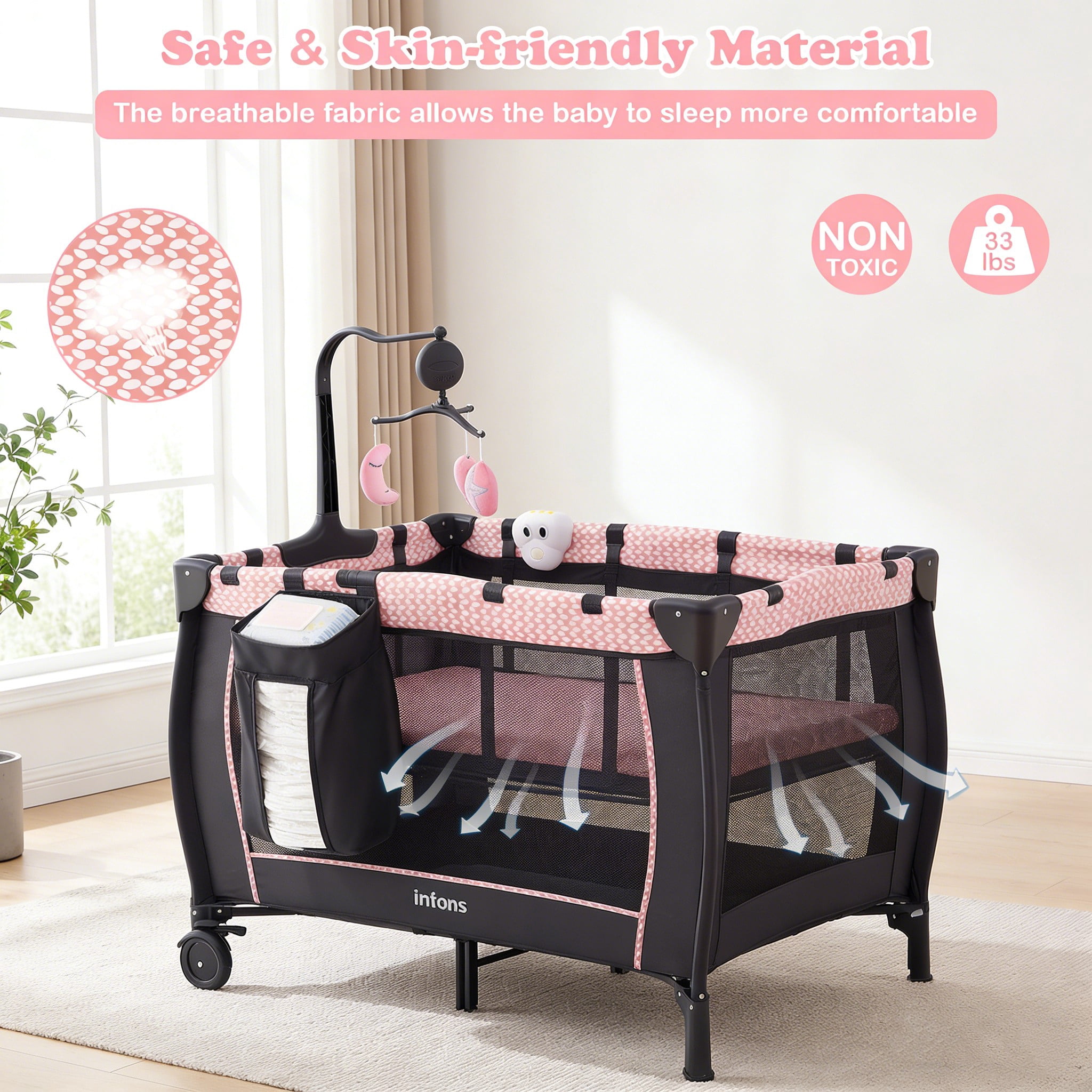 INFANS 3 in 1 Pack and Play, Portable Travel Baby Crib Bassinet with Detachable Mattress, Newborn Changing Table, Foldable Playpen with Carry Bag and 2 Wheels