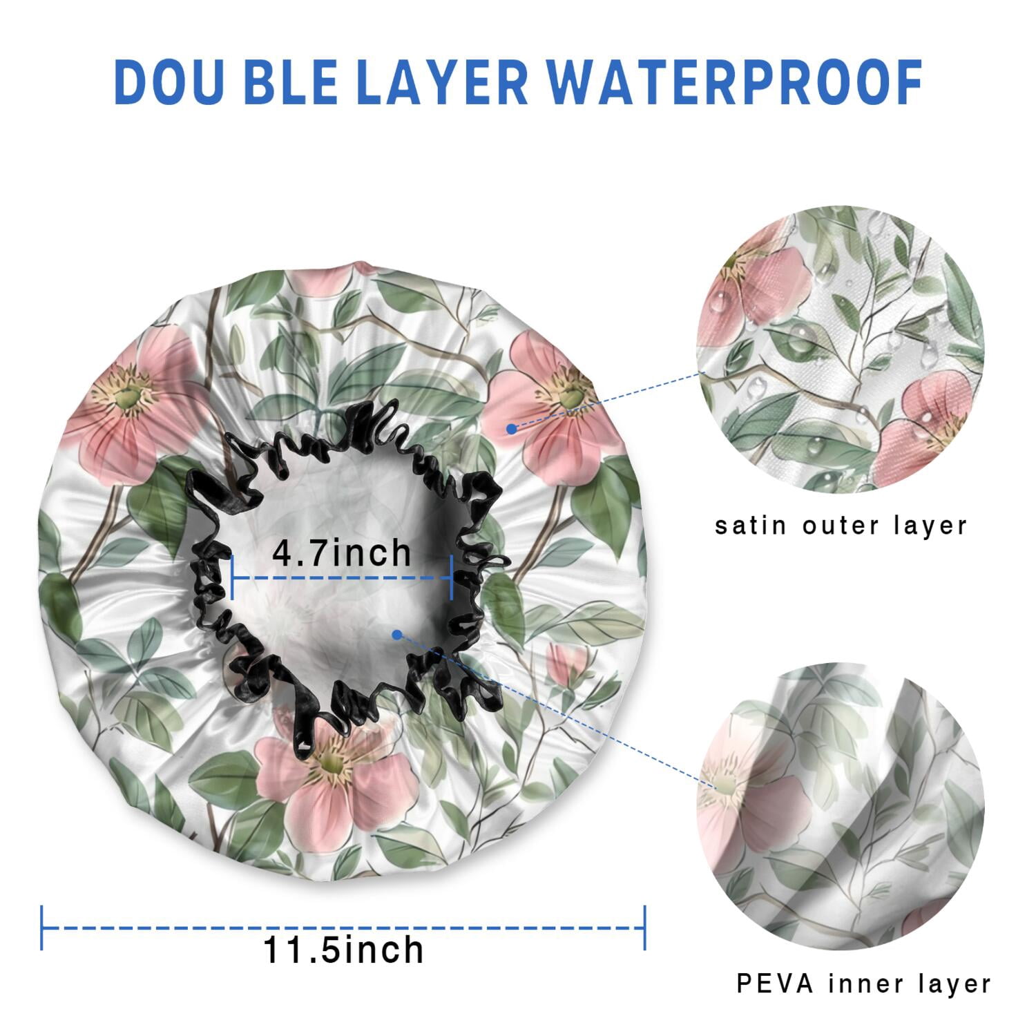 Shower Caps,Pioneer Flower Floral Print Pattern Waterproof Shower Cap for Women 4 Pieces,Double Reusable Hair Cover for Shower PEVA Elastic Stretch Hem