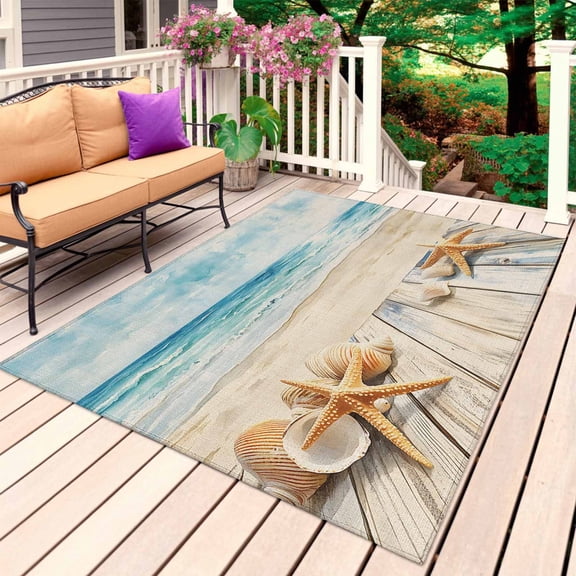Beach Coastal Outdoor Rug 3x5 Ft, Non Slip Washable Area Rug, Watercolor Ocean Waves Starfish Summer Patio Rugs Carpet Runner, Large Floor Mat for Indoor/Outdoor Deck Porch Camping