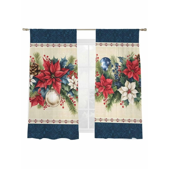 Poinsettia Fir Leaf Berry Sheer Curtains 2 Panels Set, Christmas Balls Blue Beige Window Sheer Curtains for Living Room/Bedroom, Light Filtering Rod Pocket Voile Drapes, 52" W x 72" L
