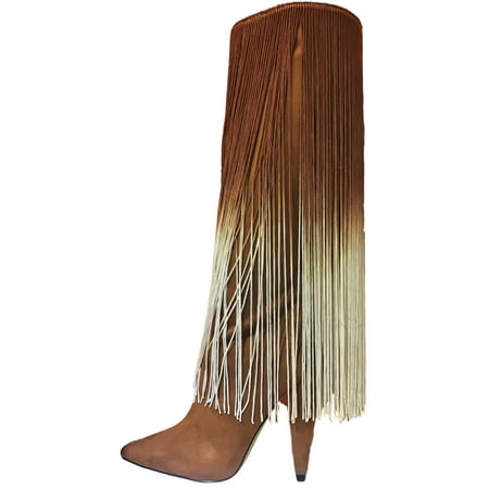 Sassy Womens Fashion Long Fringes Tassel Moccasin Knee High Pointed Toe Heel Boots Tan