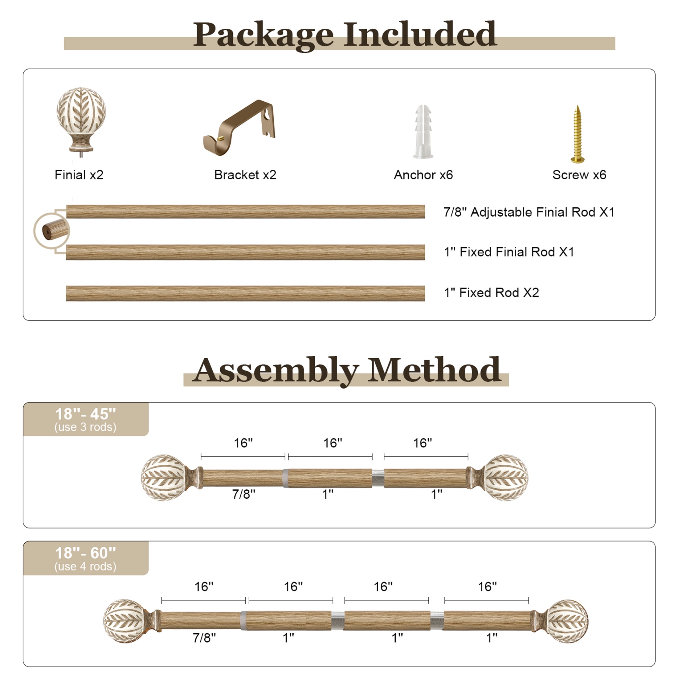 Yokila Farmhouse White And Brown Curtain Rods for Windows 18 to 60 Inches Adjustable Length Heavy Duty 1" Diameter Single Window Curtain Rod with Decorative Finials for Bedroom Living Room Kitchen