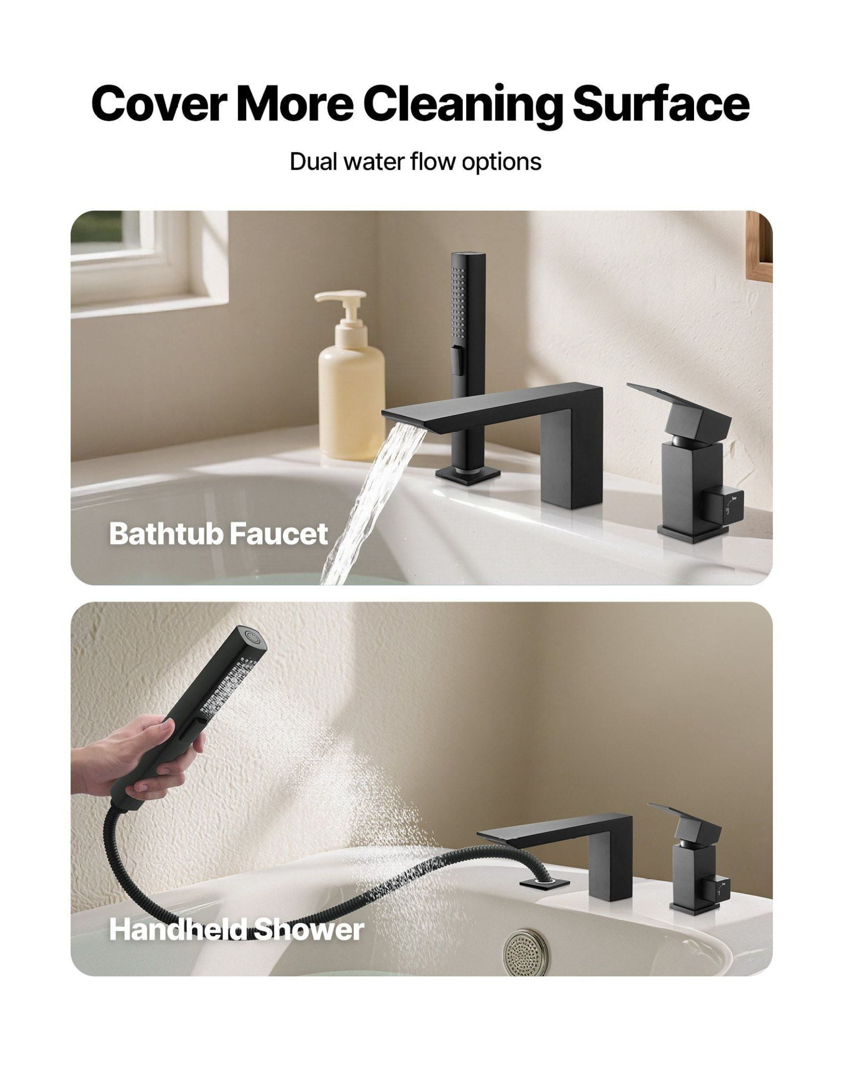 Roman Tub Faucet 3 Hole, Waterfall Bathtub Faucet with Shower Head, Matte Black Tub Spout, Stainless Steel Roman Bathtub Faucets for Adult Bathing & Pet Washing