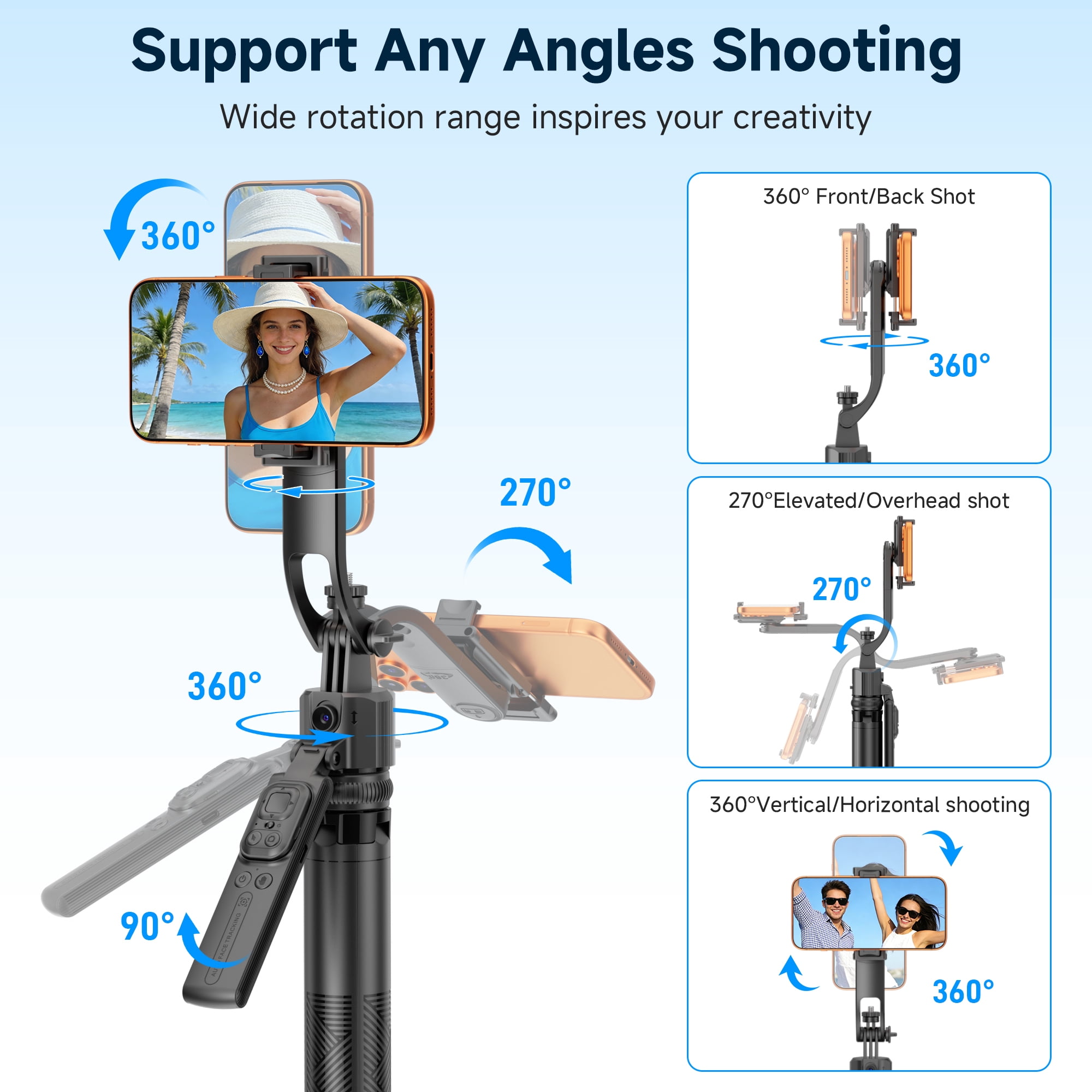 SelfieShow 64” Auto Face Tracking Tripod for iPhone, 360° Rotating Selfie Stick Tripod, Handheld Stabilization with Remote Control and Fill Light, for TikTok Vlog Video Recording