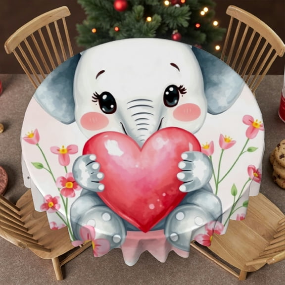 RKSupls Round Tablecloth - Cute Baby Elephant Heart Microfiber Table Cover - Soft, Stain Resistant & Washable Decor for Wedding, Party, Holiday, Home Dining, 60x60inch