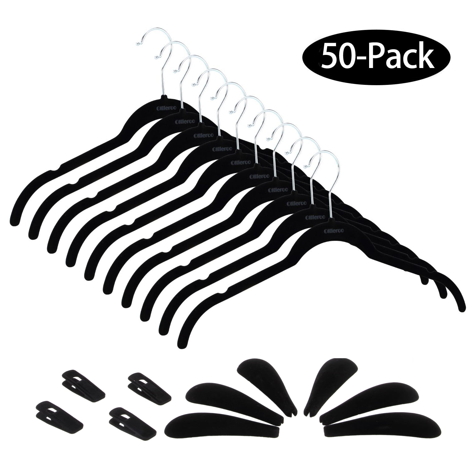Ollieroo Velvet And Plastic Clothes Hangers Shoulder Pad And Clip Accessories, 50 Count