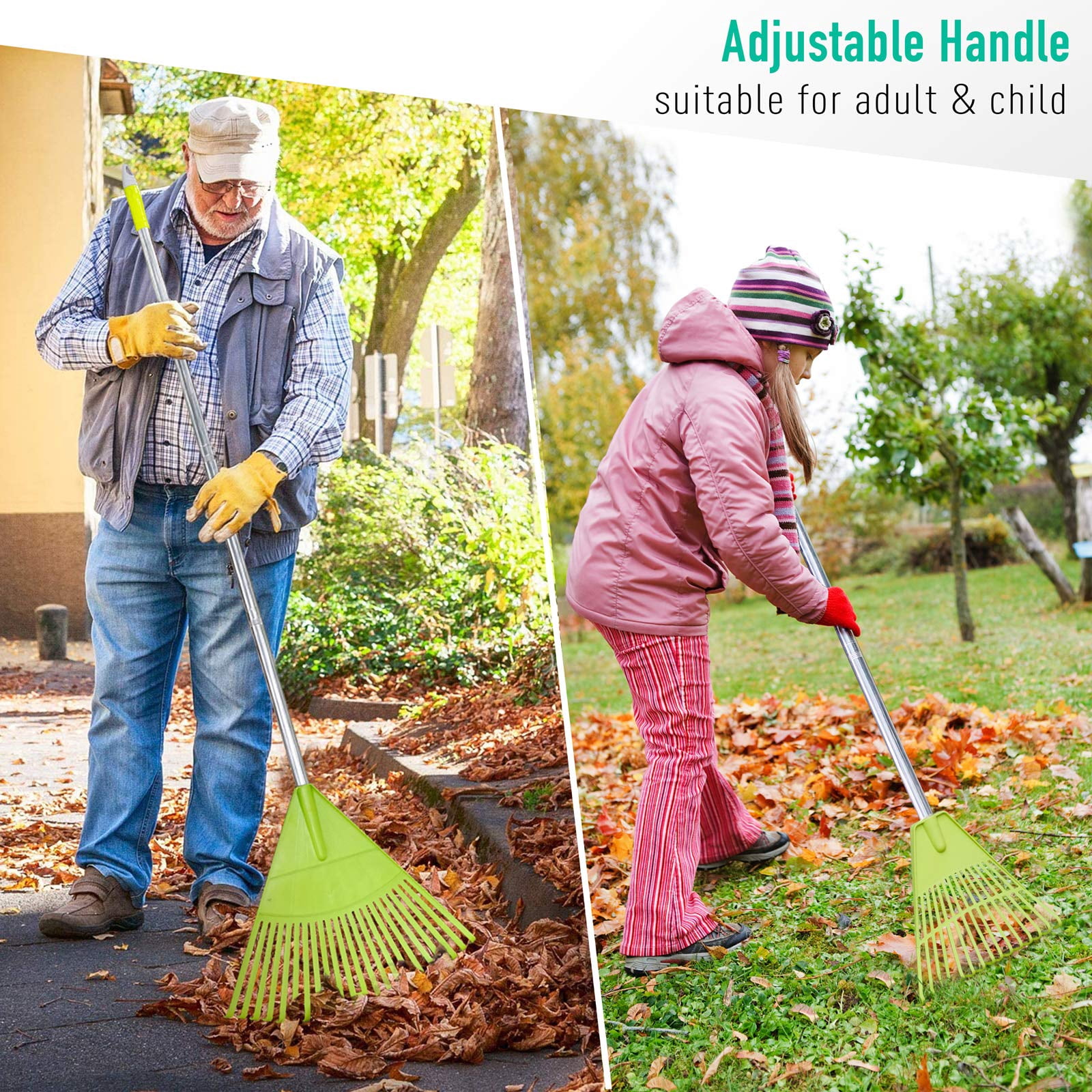Colwelt Plastic Rakes for Leaves, 72 in, Leaf Rake with Lightweight Stainless Steel Handle to Sweep Leaves in Lawn, Durable Plastic Green Head 22 Tines & 15 Tines