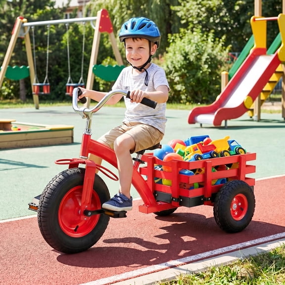 Kids Tricycle with 15 Inch Inflatable Rubber Tires, Adjustable Handlebar and Seat, Storage Basket, Red