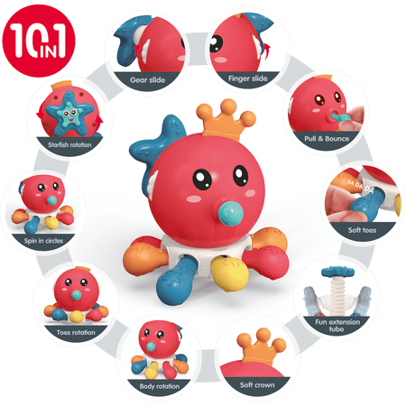 6-in-1 Baby Octopus Activity Cube Toy Babies 0-3, Sensory Toy, Fine Motor Skills Activity Toy, Fidget Learning Toy with Rotating Legs, Pull Strings & Interactive Features