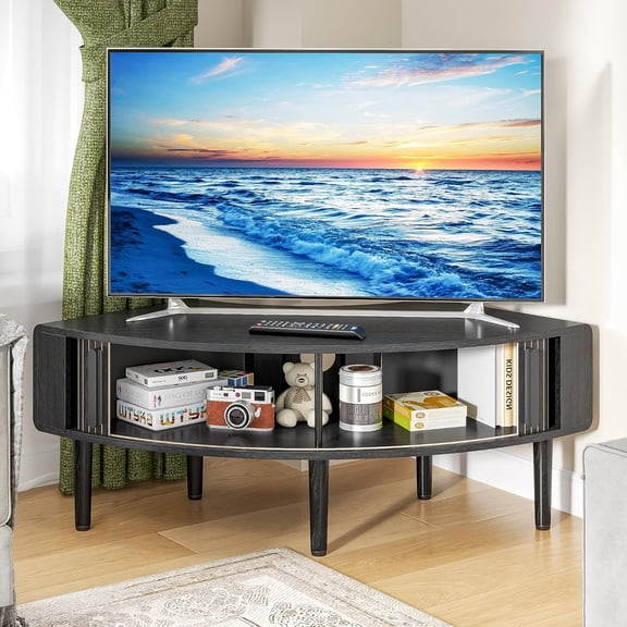 Curved Corner TV Stand for 40 Inch TVs, Mid-Century Modern Wooden Media Console with Storage Cabinet and Sliding Door