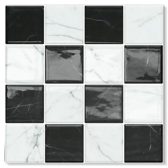 DEWOO Thick Peel and Stick Backsplash Tiles Kitchen Bathroom Square Self Adhesive Wall Tile Checkerboard Checkered Stickers,Black (10-Sheet, 9"×9")