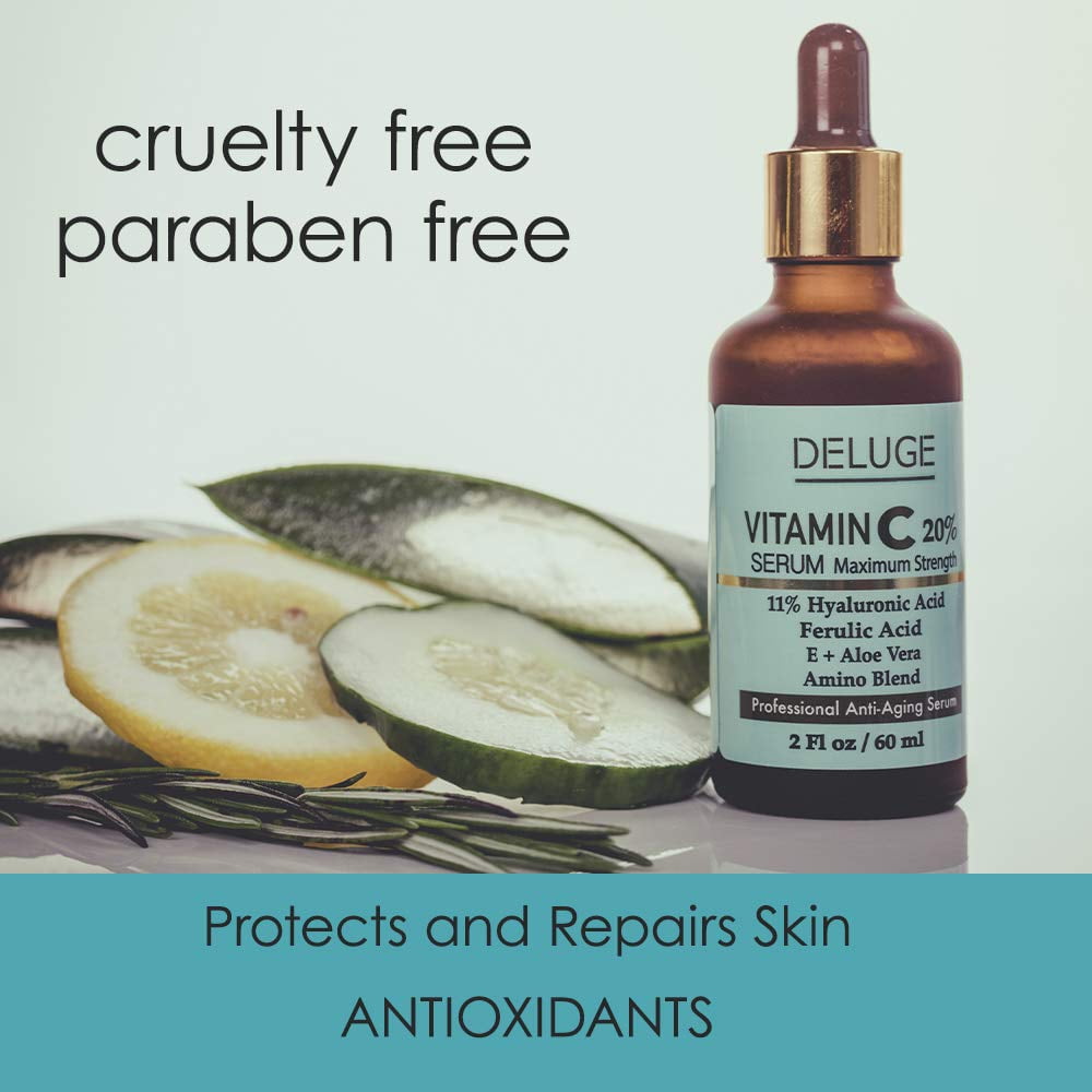Deluge Vitamin C Face Serum with Aloe, Hyaluronic Acid, Vitamin E, & Ferulic Acid – Brightening & Collagen Boosting Formula (2 FL oz)
