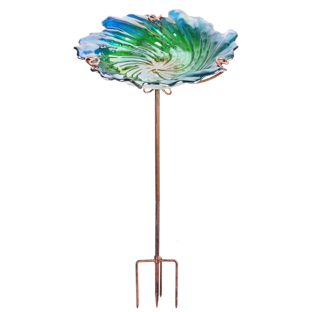 Bañera de vidrio para pájaros MUMTOP para exteriores con estaca de metal, color verde