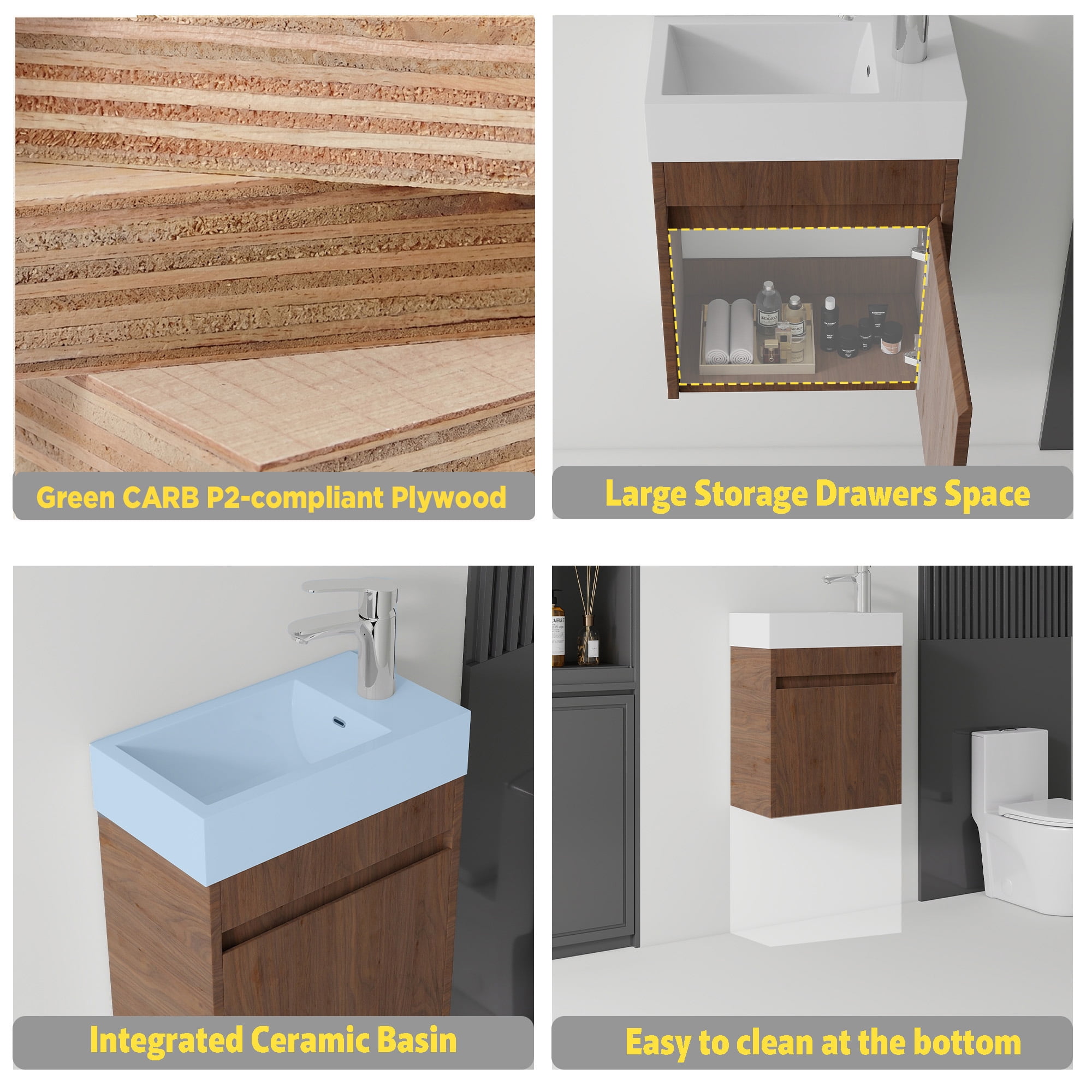 Leumius 18" Floating Bathroom Vanity with Ceramic Sink,Modern Wall Mounted Basin Cabinet with Soft-Close Doors for Small Bathrooms,Brown