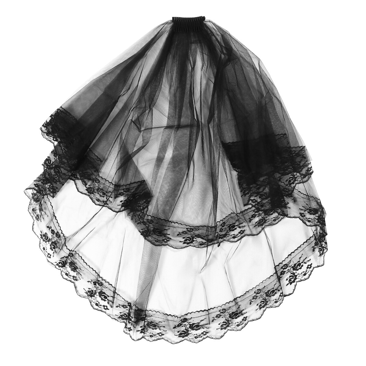 TwoLayer Black Wedding Veil Floral Lace Trim Halloween Cosplay Veils