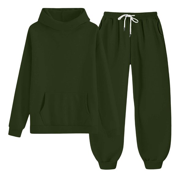 Kids Hoodie Sweatpants 2 Piece Outfit Set, Solid Color Half Turtleneck Hooded Tracksuit for Boys Girls Fall Winter Daily Casual Wear(Dark Green,12-13 Years)