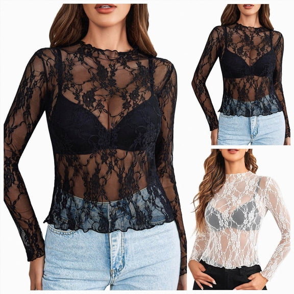 COMVALUE Women's Mesh Top Long Sleeve Mock Neck Sheer Blouse See Through Floral Lace Tops (Black, XL)