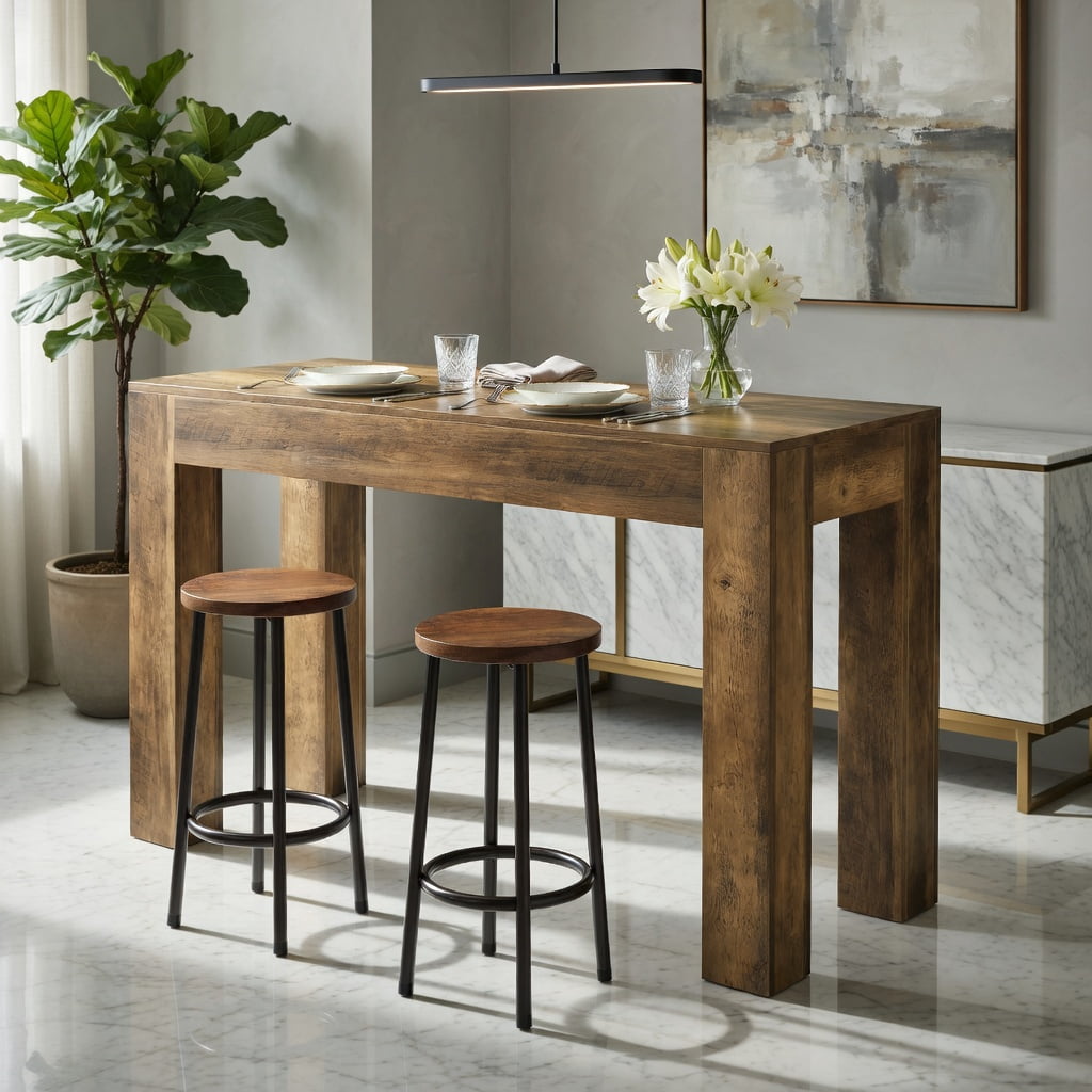 Hommoo 63 Inch Rectangular Counter Height Bar Table, Farmhouse Style Pub Table with Sturdy Legs for Kitchen, Dining, or Home Office, Rustic Brown