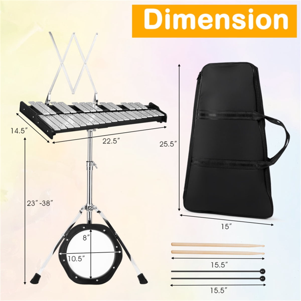 30 Notes Percussion Glockenspiel Adjustable Stand 23in-38in 22.5x14.5in Surface 10.8lbs Aluminum Bells 2.5 Octave Range Beginner Practice Kit Mallets Drumsticks 8in Pad Music Stand Carrying Bag